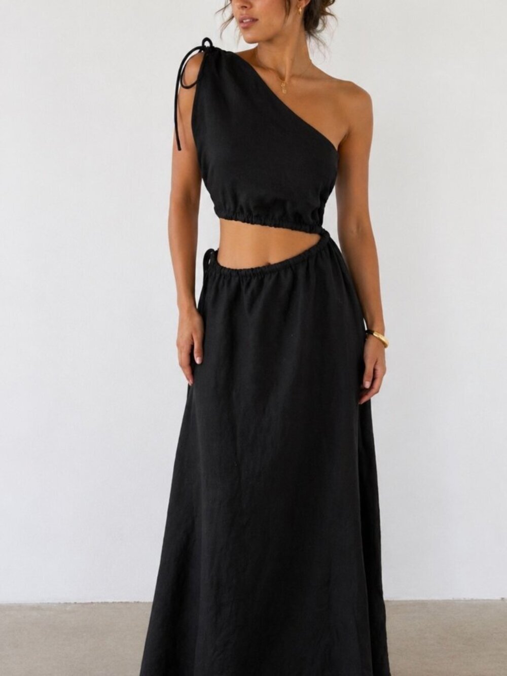SIR. Black Asymmetrical Open Waist Midi Dress - 100% Linen - Picture 1 of 13